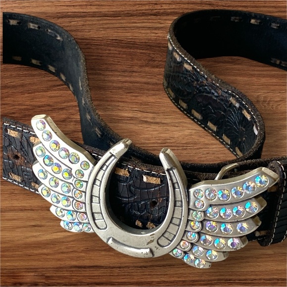 Vintage Etched Leather Rhinestone Horseshoe Black Belt w/Detachable Hardware XL - Picture 7 of 10
